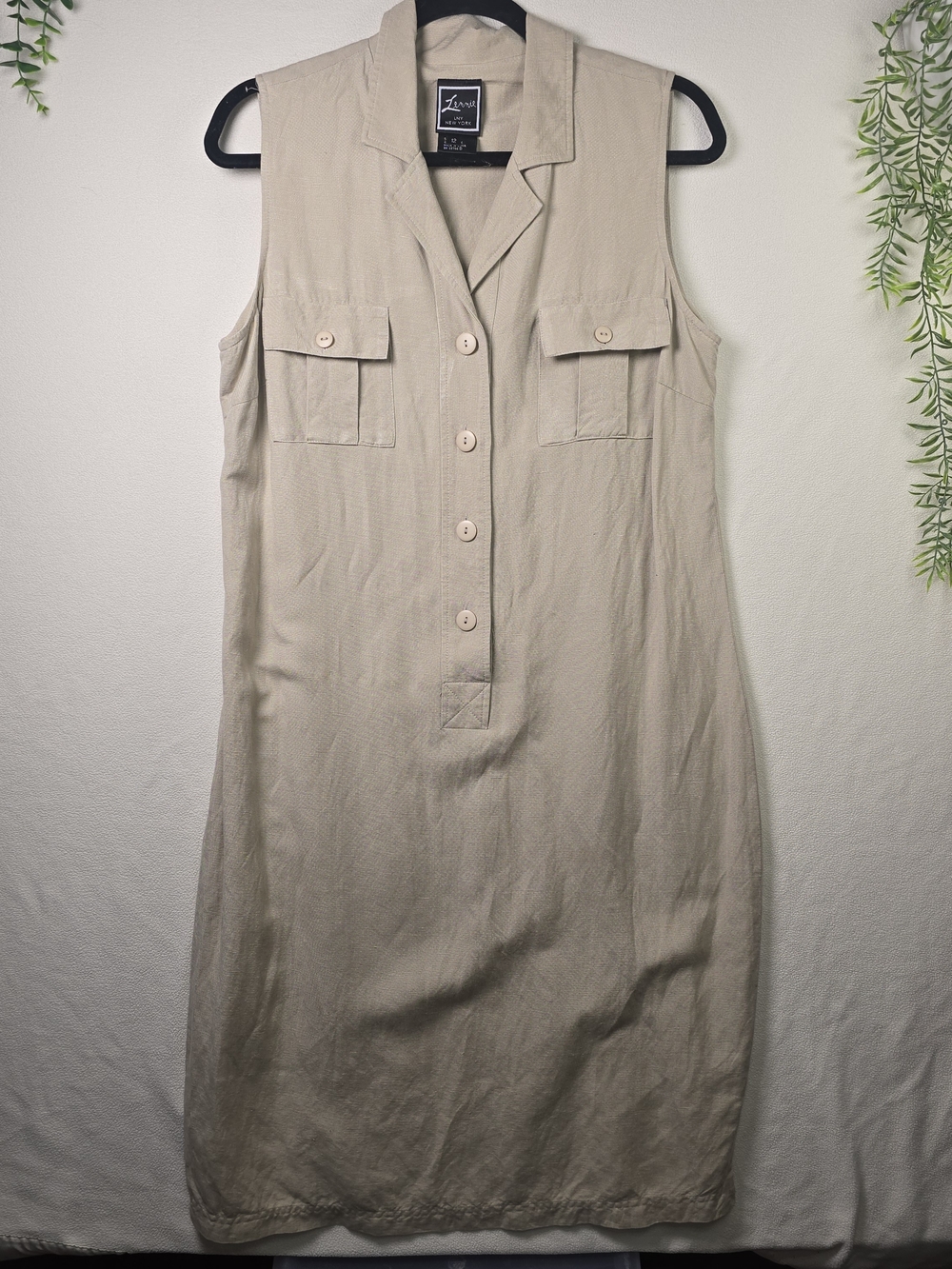 LEMMIE WOMAN TAN SLEEVELESS UTILITY SHIRT DRESS BUTTON DOWN LINEN BLEND 12